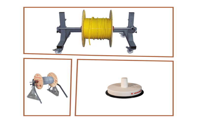 three pictures of cable drum unwinders