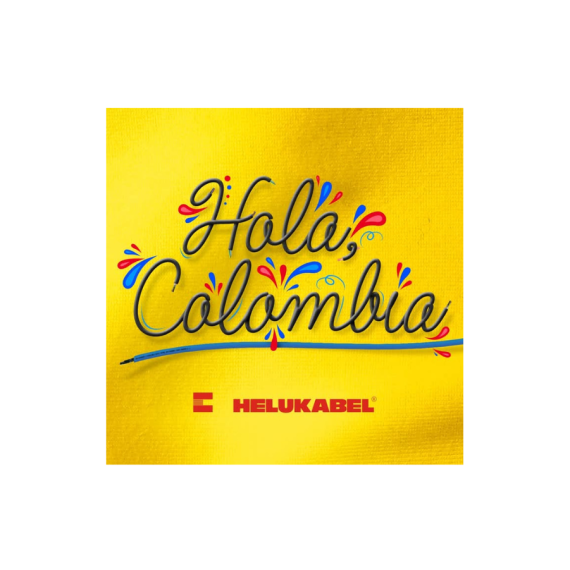 Hola Colombia", acompañada de la bandera de Colombia y cables eléctricos, representando nuestro producto principal. Ideal para destacar la conexión con el país y la calidad de nuestros cables colombianos.