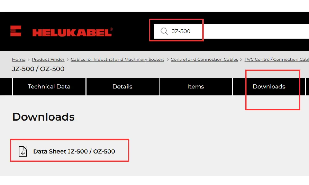Cách tìm datasheet sản phẩm của HELUKABEL