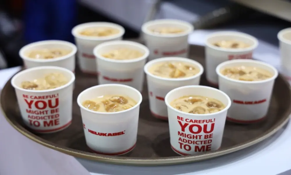 Customers coming to our booth, HELUKABEL, can enjoy cups of Cappuccino and chat with our engineers.