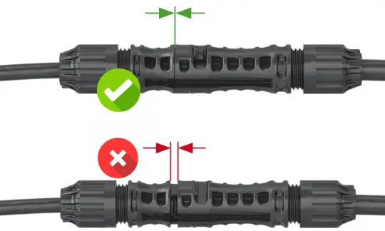 When the connectors are properly locked into place (the two ends align and you hear a click), they are fully sealed, preventing any gaps through which water, moisture, or dust could enter