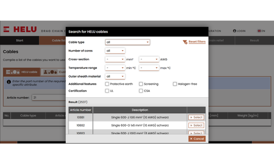 Lựa chọn cáp HELU bằng đặc tính cáp (Filter by attributes)