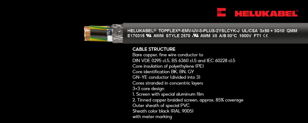 TOPFLEX®-EMV-UV-3 PLUS 2YSLCYK-J control cable is used in industries such as automotive, motorcycle and food, environmental technology, packaging, and chemical industry.