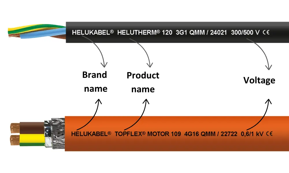 Ký hiệu dây điện HELUKABEL về nhà sản xuất, sản phẩm, và điện áp danh định