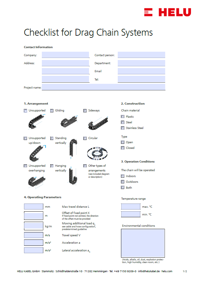 Questionnaire for energy drag chains
