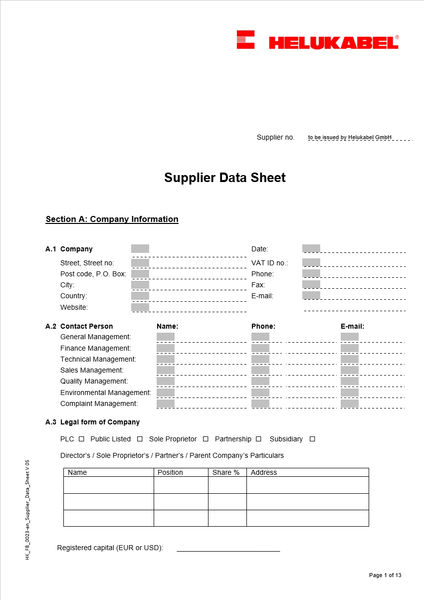 Supplier Data Sheet