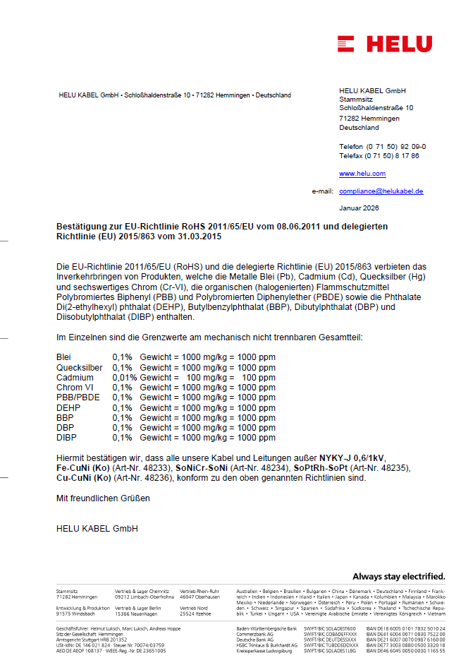 RoHS - Kabel, Leitungen und Einzeladern