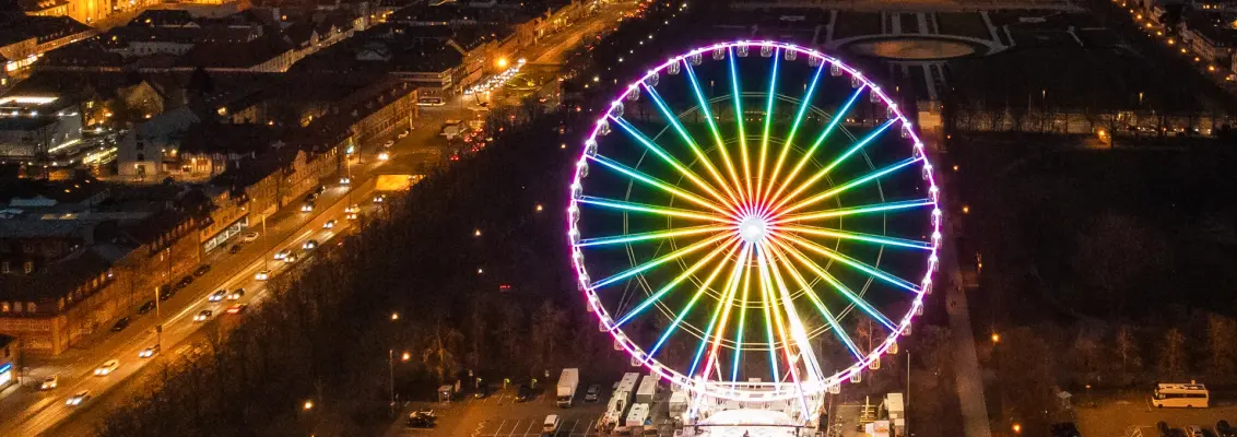 Bird's eye-view of the Ferris Wheel in Ludwigsburg at night
