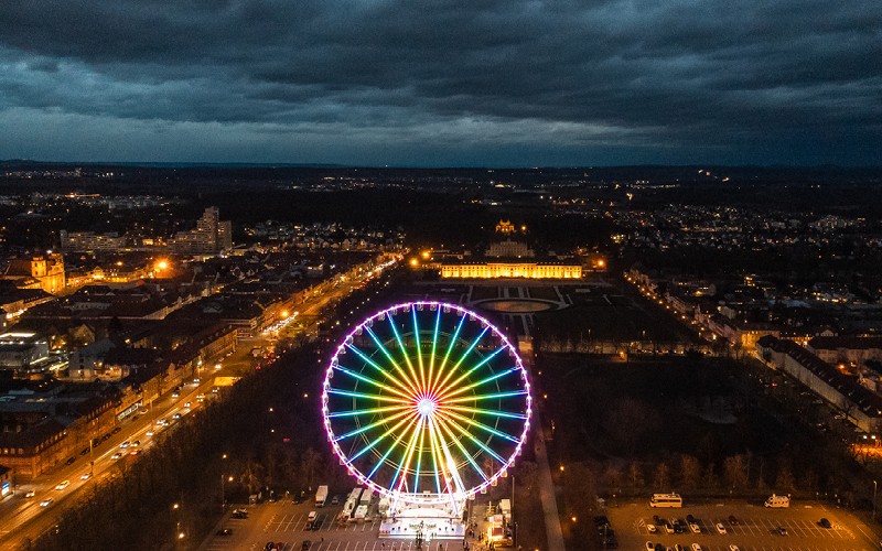 Bird's eye-view of the Ferris Wheel in Ludwigsburg at night