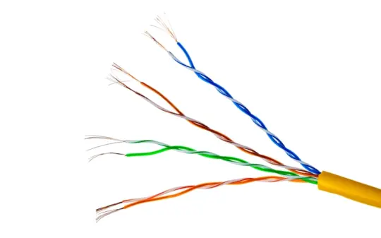 The copper conductors are twisted together in a helical pattern, which helps eliminate electromagnetic interference between the conductor pairs.