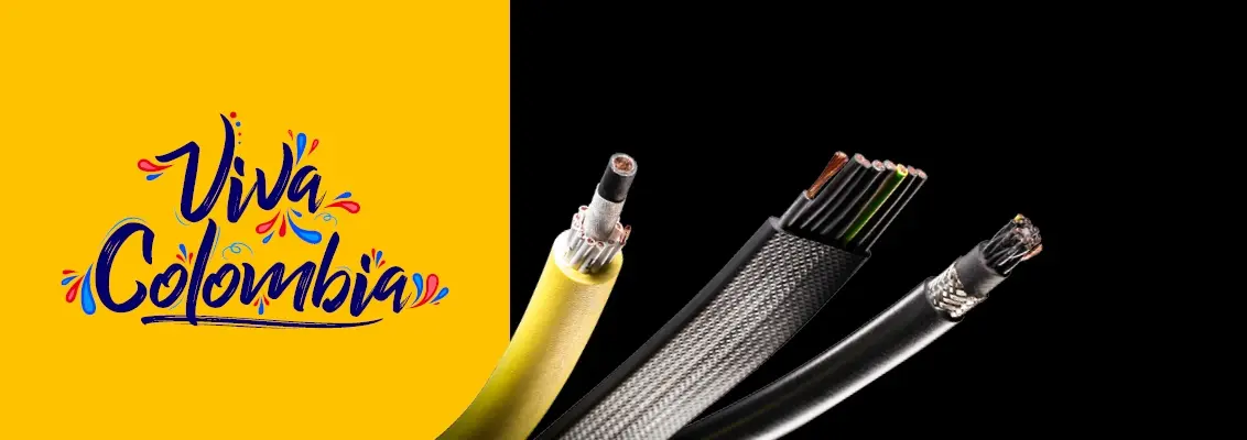 Columbia gult billede venstre side med et gult kabel på højre og 2 sorte kabler 