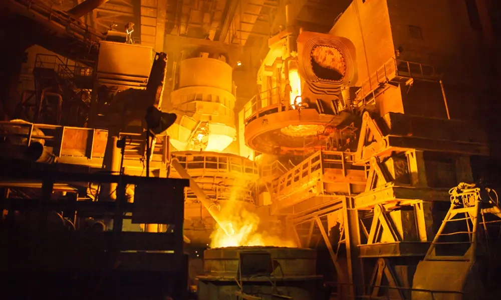 High-temperature zones are concentrated around the furnace, the ladle, the billet heating system, and the exhaust duct 